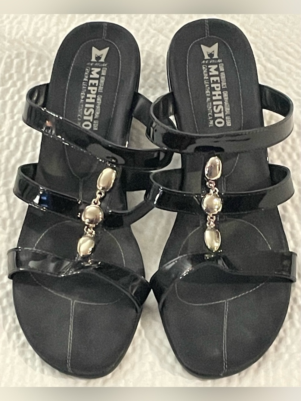 Mephisto Black Patent Low Wedge Heel with Silver Bead Accents